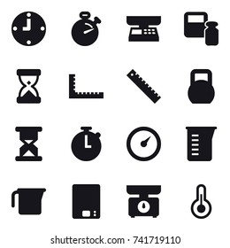 16 vector icon set : clock, stopwatch, market scales, scales weight, ruler, barometer, measuring cup, kitchen scales