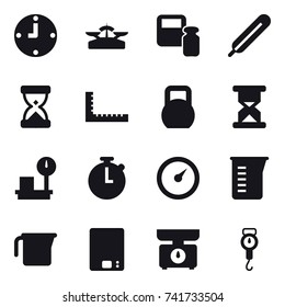 16 vector icon set : clock, scales, scales weight, ruler, barometer, measuring cup, kitchen scales, handle scales