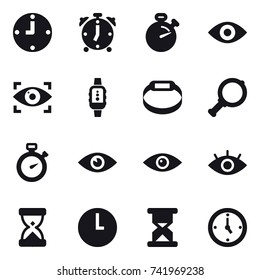 16 vector icon set : clock, alarm clock, stopwatch, eye, eye identity, smartwatch, smart bracelet, magnifier, watch
