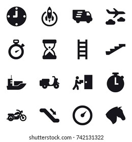 16 vector icon set : clock, rocket, delivery, journey, stopwatch, stairs, motorcycle, escalator, barometer, horse