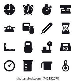 16 vector icon set : clock, alarm clock, stopwatch, market scales, scales, scales weight, ruler, barometer, measuring cup