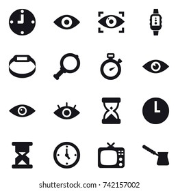 16 vector icon set : clock, eye, eye identity, smartwatch, smart bracelet, magnifier, stopwatch, watch, tv, turk