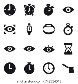 16 vector icon set : clock, alarm clock, stopwatch, eye, eye identity, smartwatch, smart bracelet, watch, turk