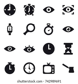 16 vector icon set : clock, alarm clock, eye, eye identity, smartwatch, magnifier, stopwatch, watch, tv, turk