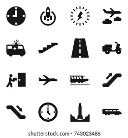 16 vector icon set : clock, rocket, lightning, journey, stairs, plane, train, escalator, watch
