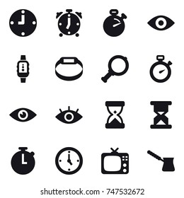 16 vector icon set : clock, alarm clock, stopwatch, eye, smartwatch, smart bracelet, magnifier, watch, tv, turk