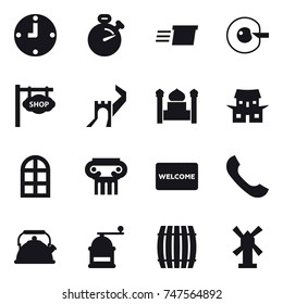 16 vector icon set : clock, stopwatch, delivery, cell correction, shop signboard, great wall, minaret, Japanese house, arch window, antique column, welcome mat, kettle, hand mill, barrel, windmill