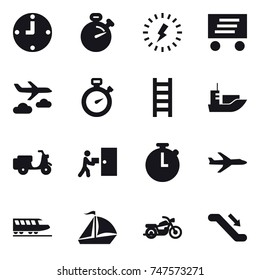 16 vector icon set : clock, stopwatch, lightning, delivery, journey, stairs, plane, train, sail boat, motorcycle, escalator