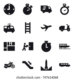 16 vector icon set : clock, stopwatch, delivery, stairs, train, motorcycle, escalator