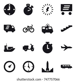 16 vector icon set : clock, stopwatch, lightning, delivery, bike, stairs, plane, barometer, watch