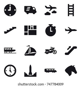 16 vector icon set : clock, delivery, journey, stairs, plane, train, sail boat, motorcycle, escalator, watch, horse