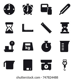 16 vector icon set : clock, alarm clock, scales weight, ruler, measuring cup, kitchen scales, handle scales