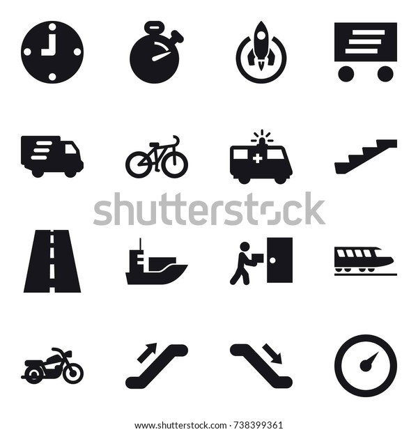 16 vector icon\
set : clock, stopwatch, rocket, delivery, bike, stairs, train,\
motorcycle, escalator,\
barometer