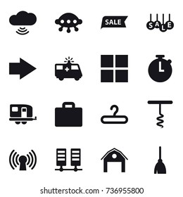 16 vector icon set : cloud wireless, ufo, sale, right arrow, window, trailer, suitcase iocn, hanger, corkscrew, barn, broom 16 vector icon set : cloud wireless, ufo, sale, right arrow, window, trailer, suitcase iocn, hanger, corkscrew, barn, broom