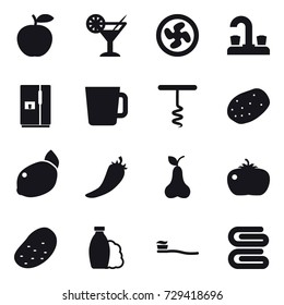 16 vector icon set : cocktail, cooler fan, water tap, fridge, cup, corkscrew, hot pepper, pear, tomato, potato, shampoo, tooth brush, stack of towels