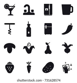 16 vector icon set : cocktail, water tap, fridge, cup, corkscrew, hot pepper, mushroom, corn, pear, beet, strawberry, carrot, potato, wiping