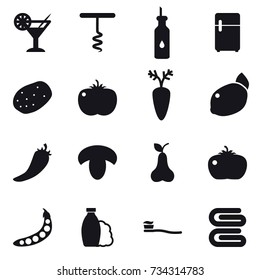 16 vector icon set : cocktail, corkscrew, hot pepper, mushroom, pear, tomato, peas, shampoo, tooth brush, stack of towels