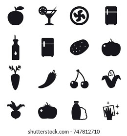 16 vector icon set : cocktail, cooler fan, fridge, hot pepper, cherry, corn, beet, tomato, shampoo, wiping
