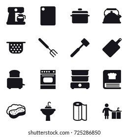 16 vector icon set : coffee maker, cutting board, pan, kettle, colander, big fork, meat hammer, sponge with foam, water tap sink, paper towel, kitchen cleaning