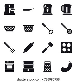 16 vector icon set : coffee maker, pan, kettle, colander, colander, whisk, skimmer, big fork, rolling pin, meat hammer, eggplant