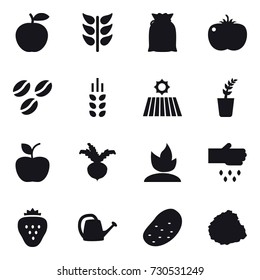16 vector icon set : coffee seeds, spikelets, field, seedling, apple, beet, sprouting, sow, strawberry, watering can, potato, pile of garbage