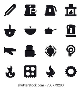 16 vector icon set : coffee maker, kettle, fireplace, cauldron, saute pan, cook glove, fire, sun