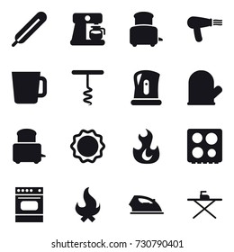 16 vector icon set : coffee maker, toaster, hair dryer, cup, corkscrew, kettle, cook glove, fire, iron, iron board