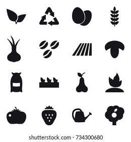 16 vector icon set : coffee seeds, field, mushroom, flour, seedling, pear, sprouting, tomato, strawberry, watering can, garden