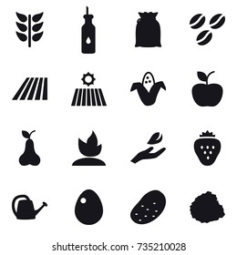 16 vector icon set : coffee seeds, field, corn, apple, pear, sprouting, hand leaf, strawberry, watering can, egg, potato, pile of garbage