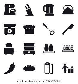 16 vector icon set : coffee maker, stands for knives, kettle, kitchen scales, chef  hat, whisk, chef knife, hot pepper, bread, paper towel, kitchen cleaning