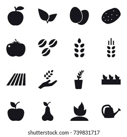 16 vector icon set : coffee seeds, spikelets, field, harvest, seedling, apple, pear, sprouting, watering can