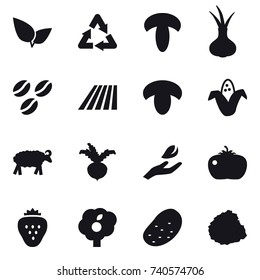 16 vector icon set : coffee seeds, field, mushroom, corn, sheep, beet, hand leaf, tomato, strawberry, garden, potato, pile of garbage