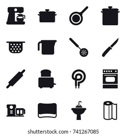 16 vector icon set : coffee maker, pan, colander, measuring cup, skimmer, knife, rolling pin, sponge, water tap sink, paper towel