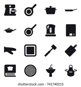 16 vector icon set : coffee maker, pan, kettle, kitchen scales, cook glove, cutting board, meat hammer, water tap sink, apron