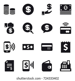16 vector icon set : coin stack, dollar, investment, money, money gift, dollar arrow, money message, tap to pay, phone pay, credit card, receipt, account balance, mobile pay, wallet, cashbox
