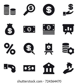 16 vector icon set : coin stack, dollar magnifier, dollar, investment, money bag, money, presentation, percent, dollar arrow, virtual mining, hand coin, library, real estate