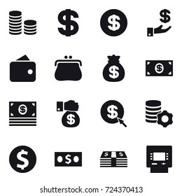 16 vector icon set : coin stack, dollar, investment, wallet, purse, money bag, money, money gift, dollar arrow, virtual mining, dollar coin, atm