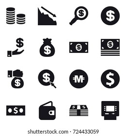 16 vector icon set : coin stack, crisis, dollar magnifier, dollar, investment, money bag, money, money gift, dollar arrow, crypto currency, dollar coin, wallet, atm