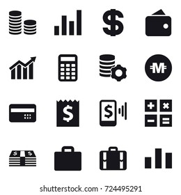 16 vector icon set : coin stack, graph, dollar, wallet, diagram, calculator, virtual mining, crypto currency, credit card, receipt, mobile pay, suitcase iocn, suitcase