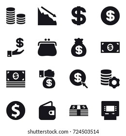 16 vector icon set : coin stack, crisis, dollar, investment, purse, money bag, money, money gift, dollar arrow, virtual mining, dollar coin, wallet, atm