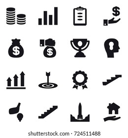 16 vector icon set : coin stack, graph, clipboard, investment, money bag, money gift, trophy, bulb head, graph up, target, medal, stairs, golf, housing