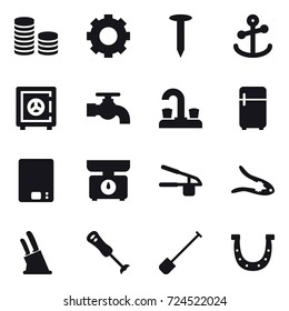 16 vector icon set : coin stack, gear, nail, safe, water tap, fridge, kitchen scales, garlic clasp, walnut crack, knife holder, shovel, horseshoe