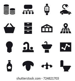 16 vector icon set : coin stack, structure, smartwatch, electric car, basket, greenhouse, bulb, water tap, mushroom, hard reach place cleaning, toilet