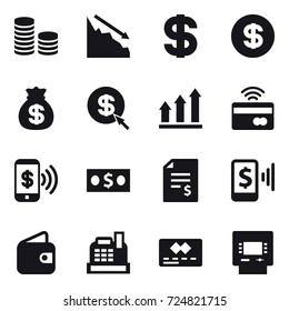 16 vector icon set : coin stack, crisis, dollar, money bag, dollar arrow, graph up, tap to pay, phone pay, money, account balance, mobile pay, wallet, cashbox, atm