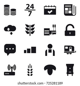 16 vector icon set : coin stack, 24/7, calendar, newspaper, cloude service, mall, unlock, trailer, spikelets, mushroom, hive