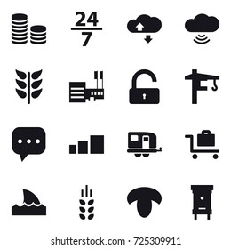 16 vector icon set : coin stack, 24/7, cloude service, cloud wireless, mall, unlock, tower crane, trailer, baggage trolley, shark flipper, spikelets, mushroom, hive
