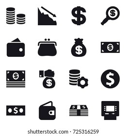 16 vector icon set : coin stack, crisis, dollar, dollar magnifier, wallet, purse, money bag, money, money gift, virtual mining, dollar coin, atm