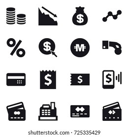 16 vector icon set : coin stack, crisis, money bag, graph, percent, dollar arrow, crypto currency, hand coin, credit card, receipt, mobile pay, cashbox