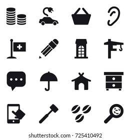 16 vector icon set : coin stack, electric car, basket, pencil, building, tower crane, bungalow, nightstand, meat hammer, coffee seeds, viruses