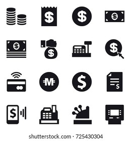 16 vector icon set : coin stack, receipt, dollar, money, money gift, cashbox, dollar arrow, tap to pay, crypto currency, dollar coin, account balance, mobile pay, atm